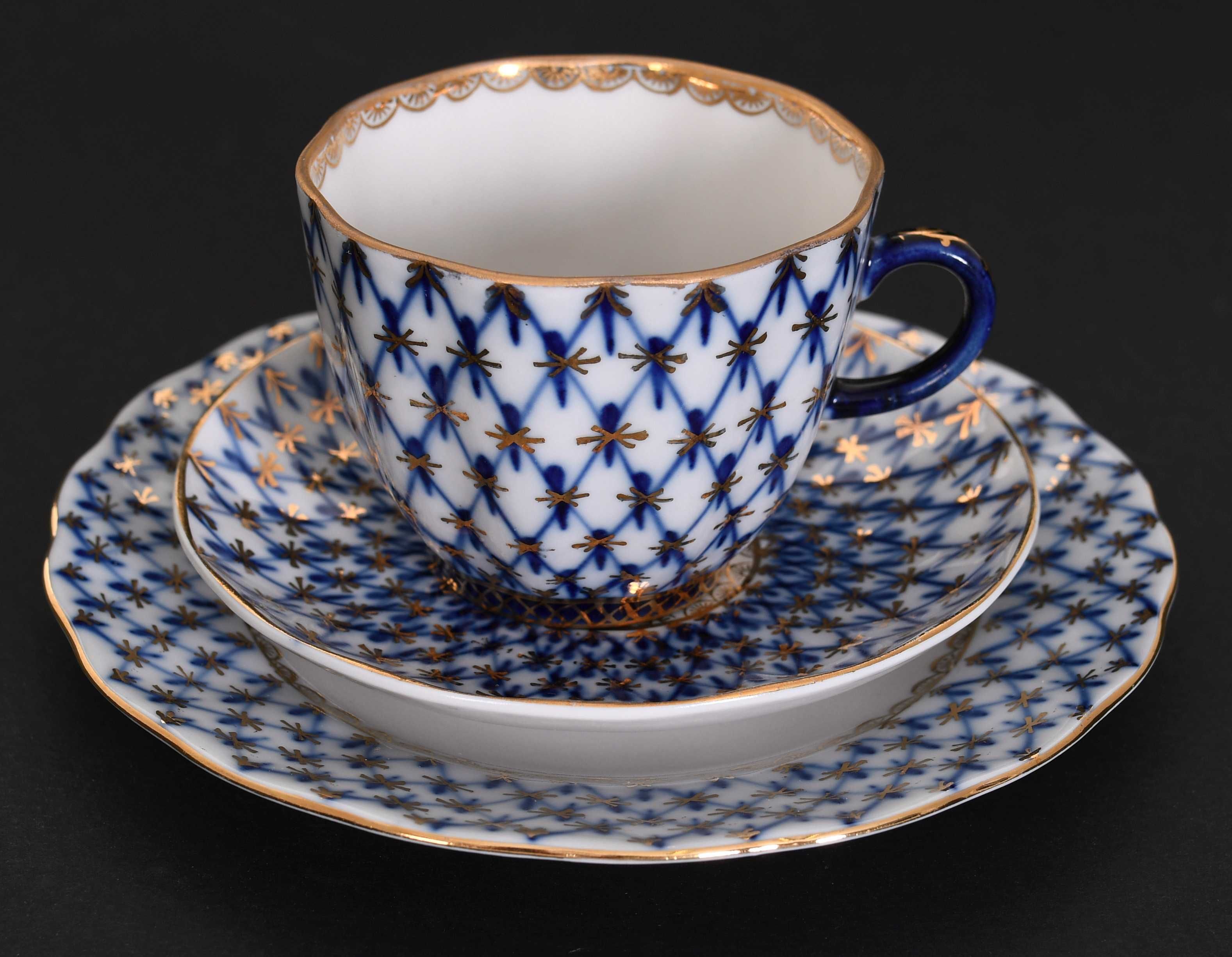 Łomonosow porcelanowy serwis kawowy kobaltowa siatka 6 x trio