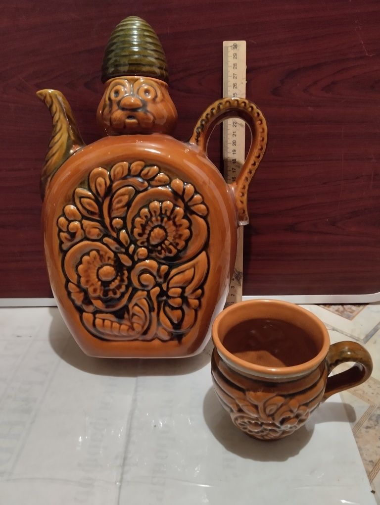 Обливная керамика. Большой кувшин, штоф с кружкой. Для кваса.СССР. Б/У