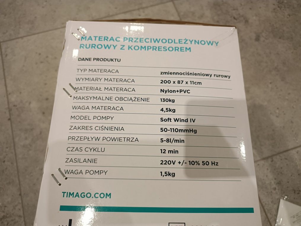 Materac przeciwodleżynowy z kompresorem Timago