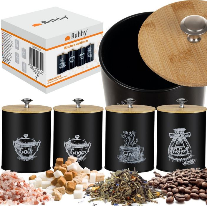 Zestaw Pojemników Metalowych na Żywność Kawa Herbata Sól Cukier