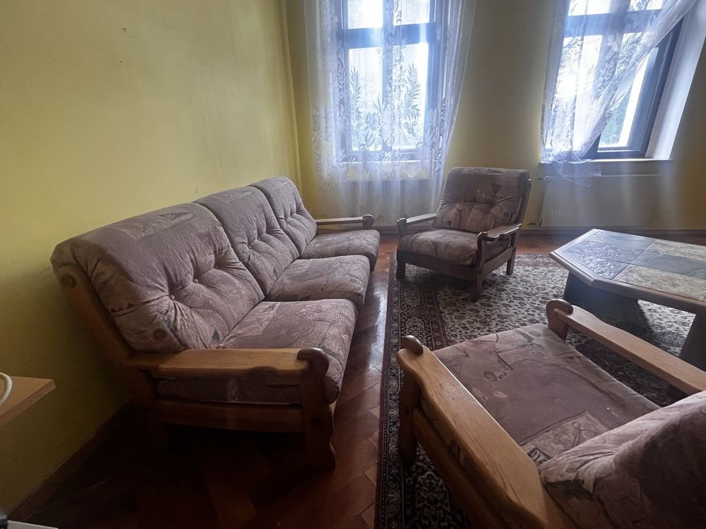 Zestaw wypoczynkowy, sofa, dwa fotele, rustykalny, vintage