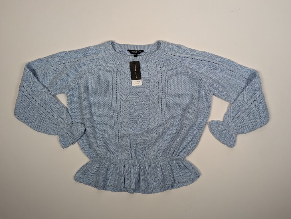 Nowy ciekawy błękitny jasnoniebieski sweterek falbankowy dół i rękawy