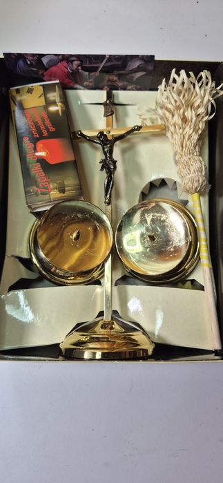 Stary mosiężny zestaw kolędowy krucyfiks świeczniki starocia PRL T26