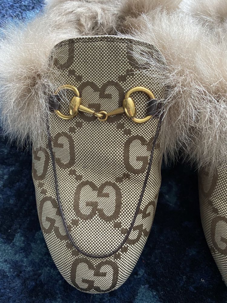 Klapki mule Gucci princetown fur 36 futerko logo futrzane