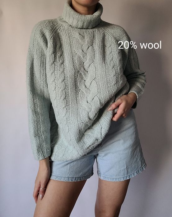 Błękitny niebieski gruby sweter z golfem oversize XL wełna cozy fall