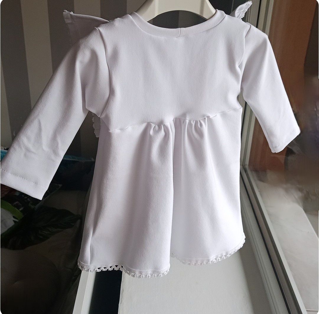Biała sukienka 68 chrzest chrzciny handmade falbanki opaska na głowe