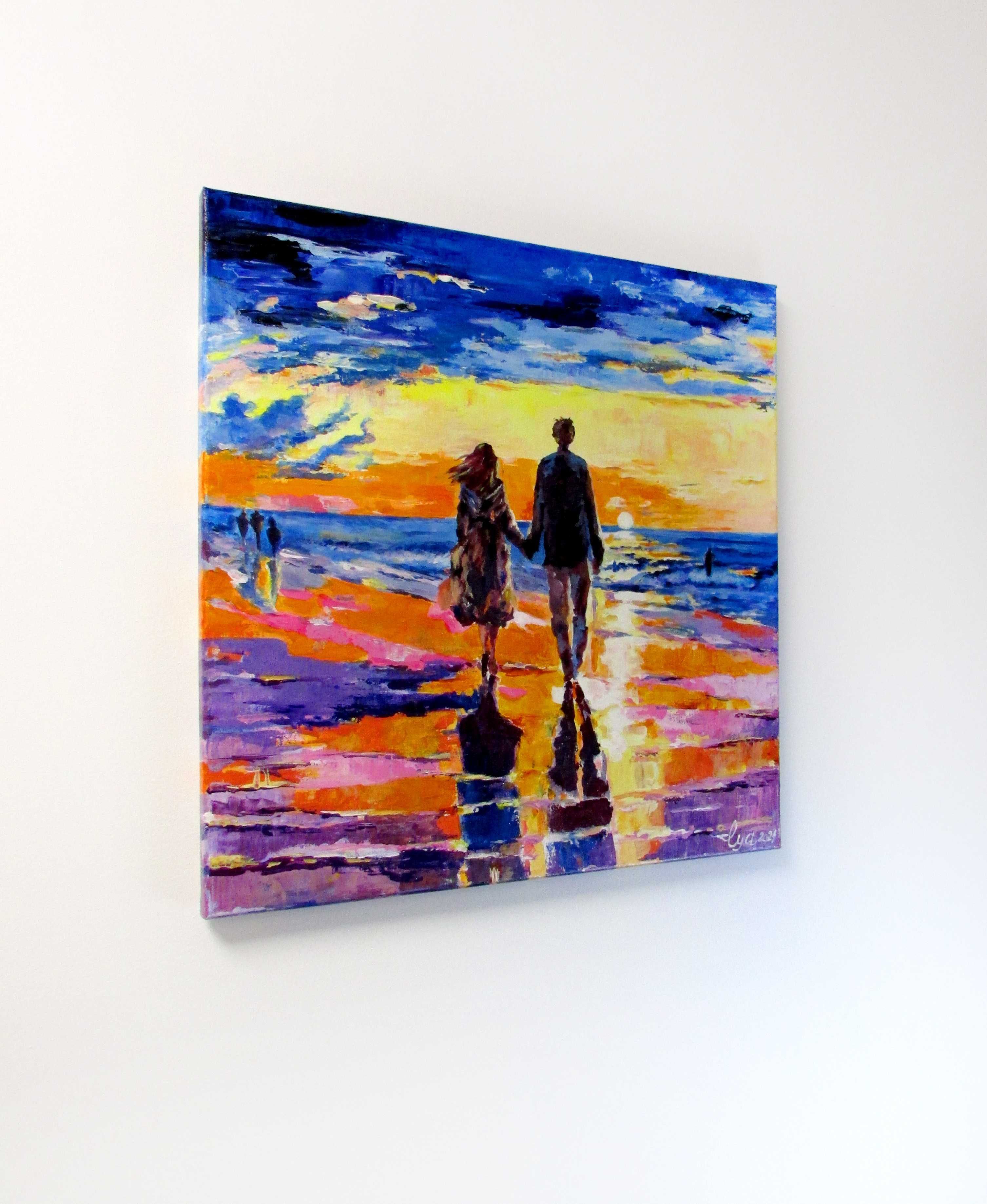 Miłość - Para wita zachód słońca na plaży. Najlepszy prezent! 50x50 sm