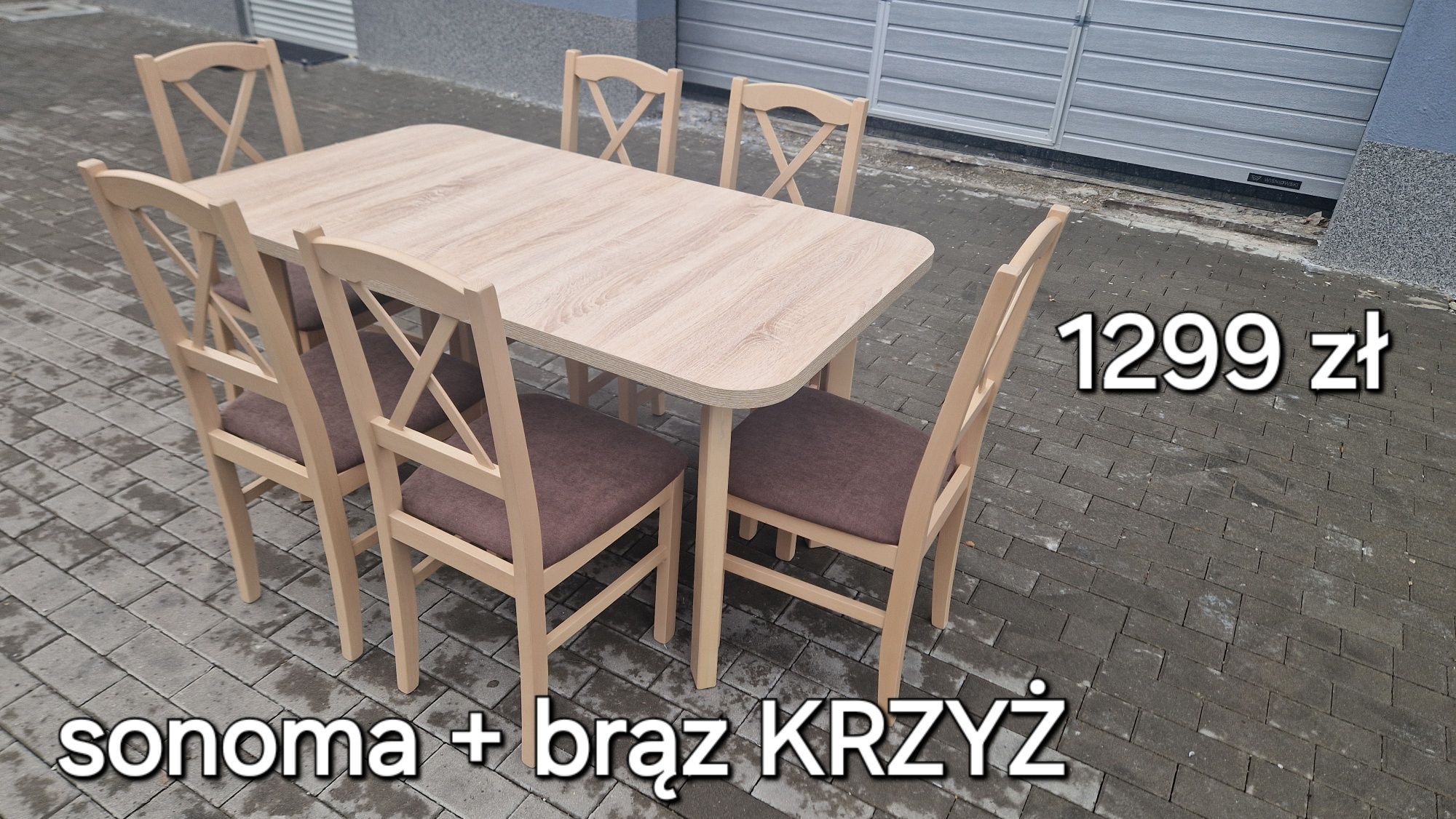 Nowe: Stół rozkładany + 6 krzeseł, SONOMA+BRĄZ(KRZYŻ) dostawa cała PL