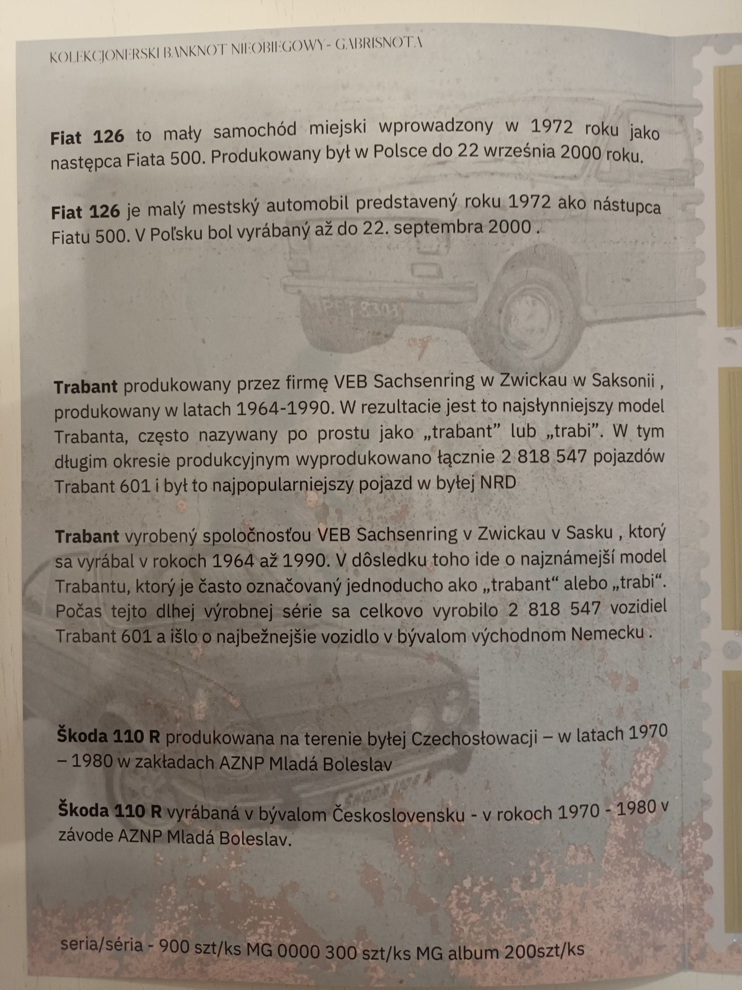 Banknot samochody socjalizmu +folder