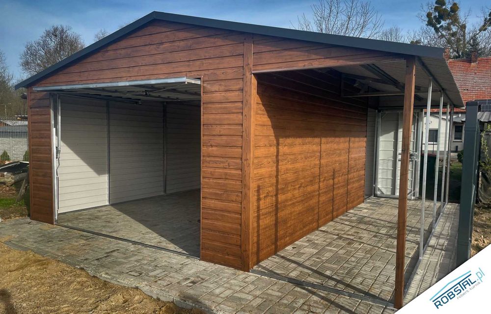 GARAŻ BLASZANY Drewnopodobny 5x5m z wiatką