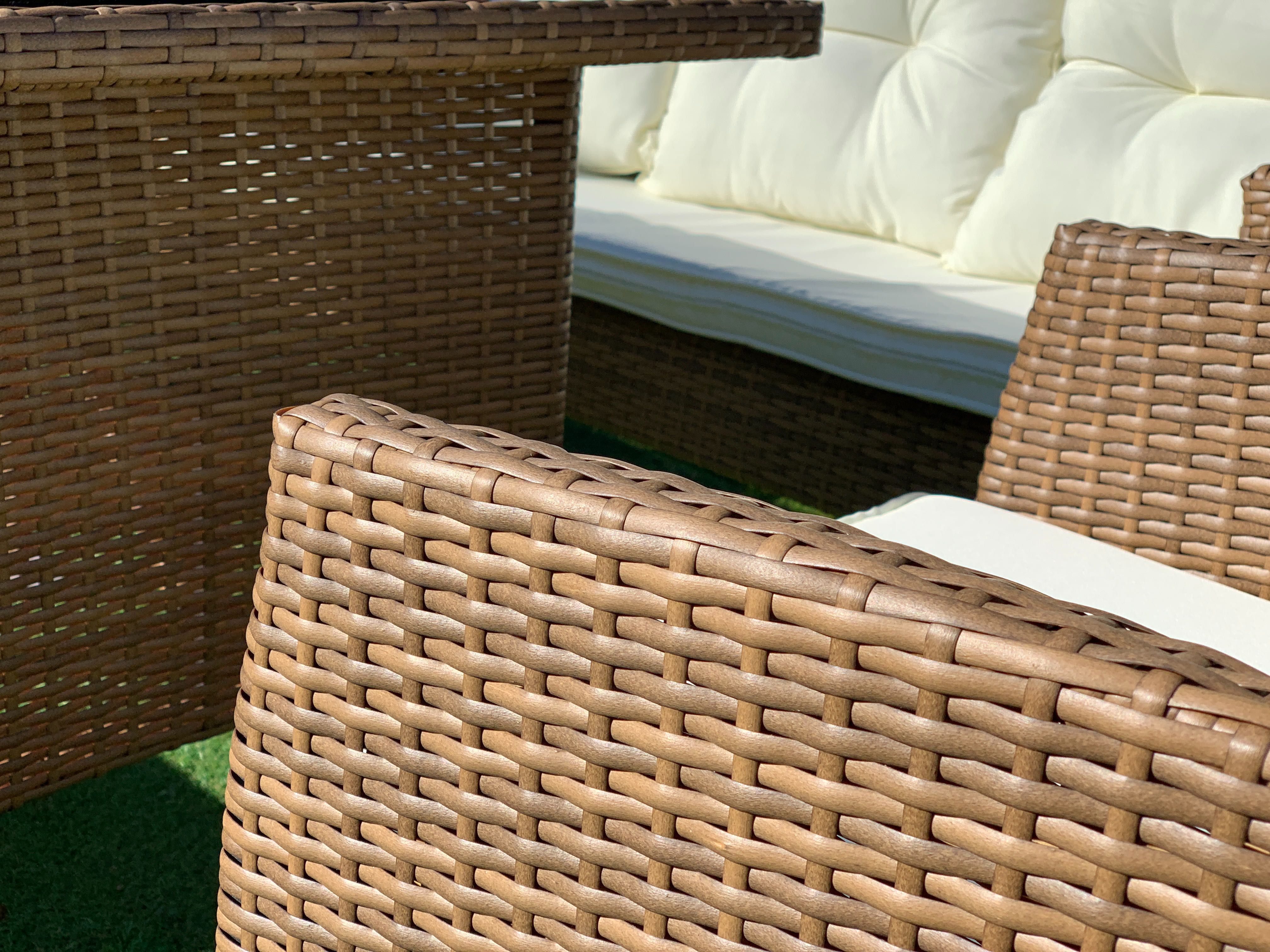 meble technorattan Modena beżowoszary sofa stół fotel zestaw mebli