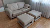 Sofa z funkcją spania, dwa pufy, skóra naturalna, KLER
