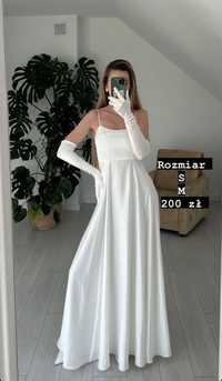 Biała suknia sukienka gładka ślub cywilny midi satyna satynowa długa