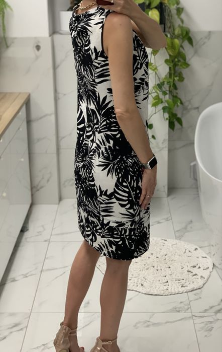 Sukienka czarno biała wzor lisci tropikalny na lato len wiskoza 36 38