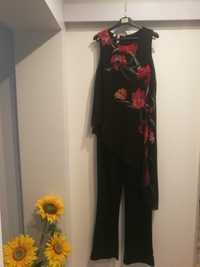 czarny damski kombinezon, spodnium, z trenem w kwiaty