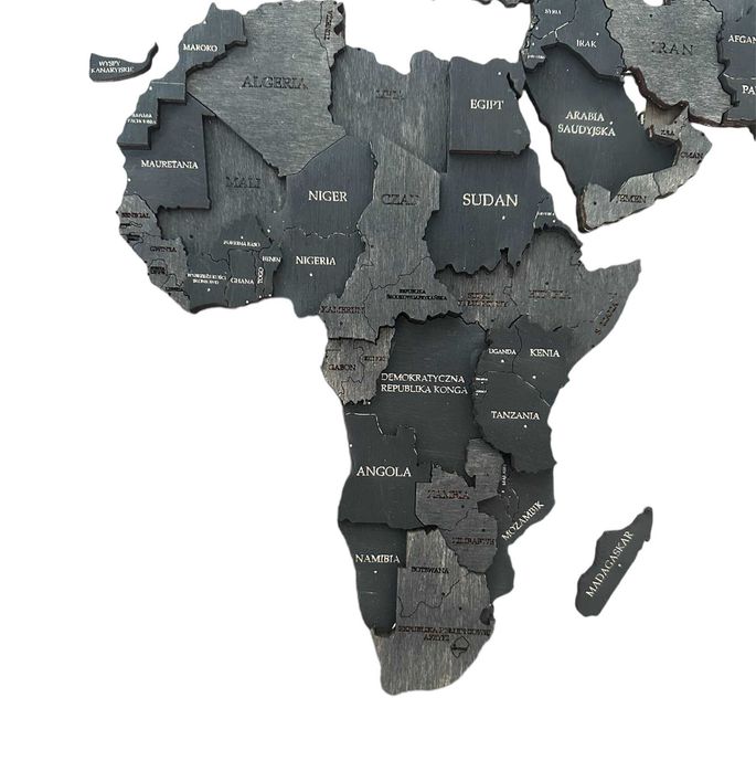 Mapa Świata 3D drewniana 210x126cm czarny i szary, pomysł na prezent