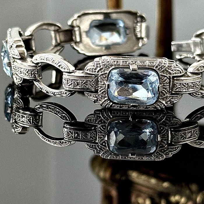 Srebrna bransoletka z Akwamarynami Art Deco z ok. 1920 roku, próba 800
