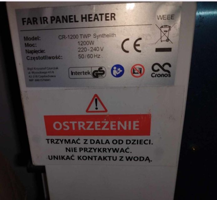 Panel grzewczy na podczerwień grzejnik na podczerwień 1200 W