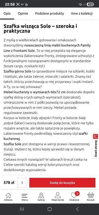 Szafka kuchenna górna Sole 60 cm lewa biały połysk