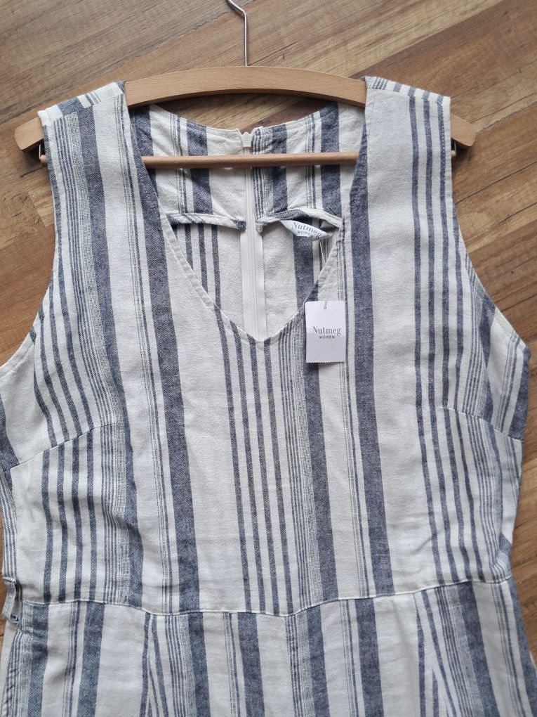 Kombinezon lniany kremowy w paski XXL plus size kuloty len wiskoza 46