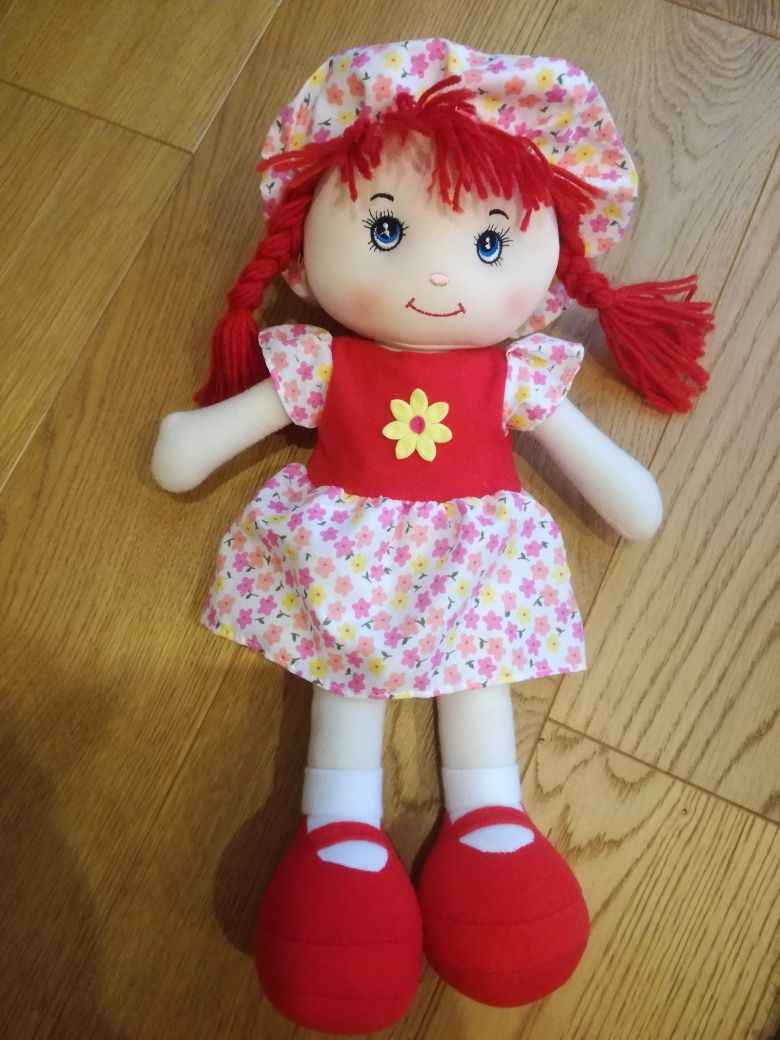 Lalka szmacianka, przytulanka, czerwone włosy, kolorowa sukienka 40 cm