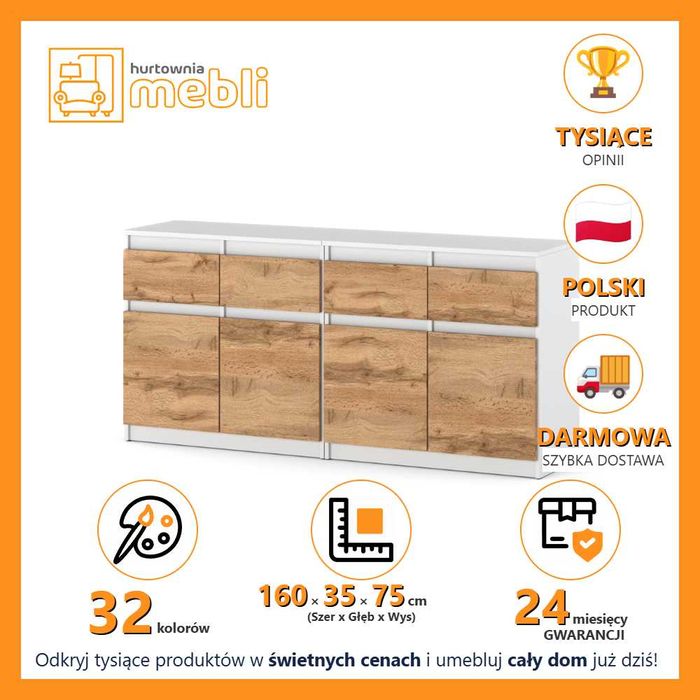 Nowoczesna Komoda Do Sypialni 160cm Olia Mini 4 Szuflady Szafka Pod TV