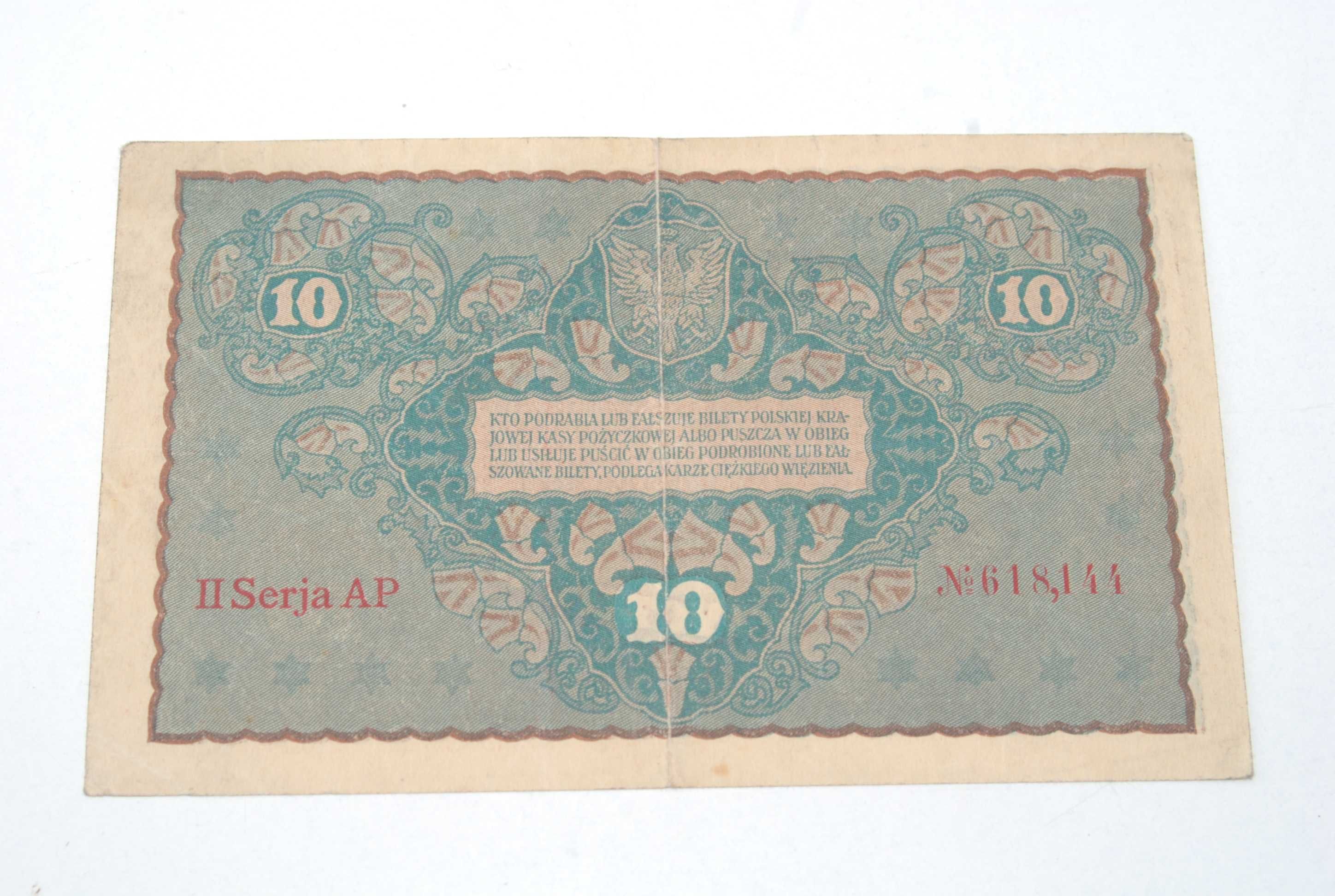 Stary banknot 10 marek Polskich 23 Sierpnia 1919 II ser antyk