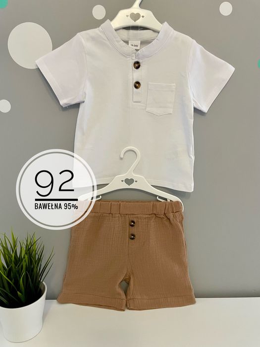 bawełniany zestaw biała koszulka + muślinowe brązowe spodenki r.92