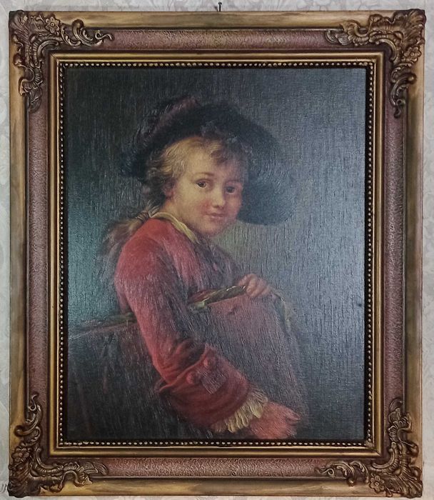 Obraz olejny na płótnie wraz z ramą, CHŁOPIEC Z KSIĘGĄ, 53/63 cm ANTYK