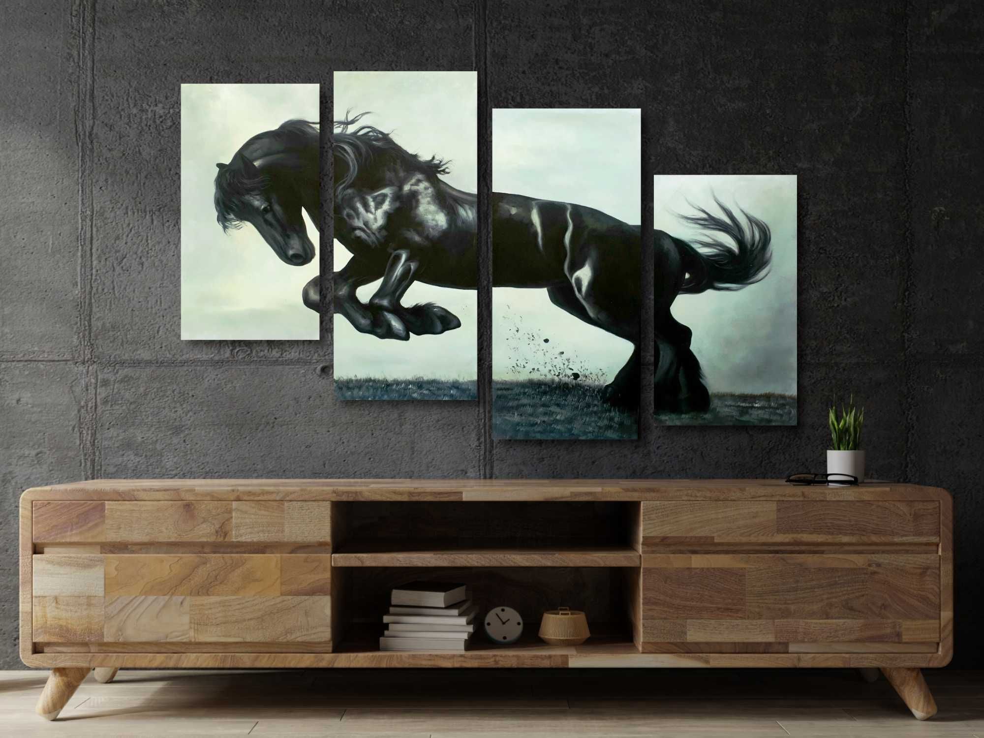 Pintura original em canvas 4 painéis divididos de um animal garanhão