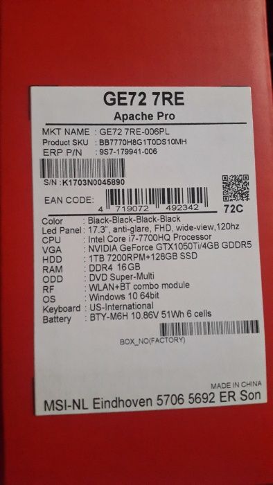 Laptop Msi ge72 7re Apache Pro