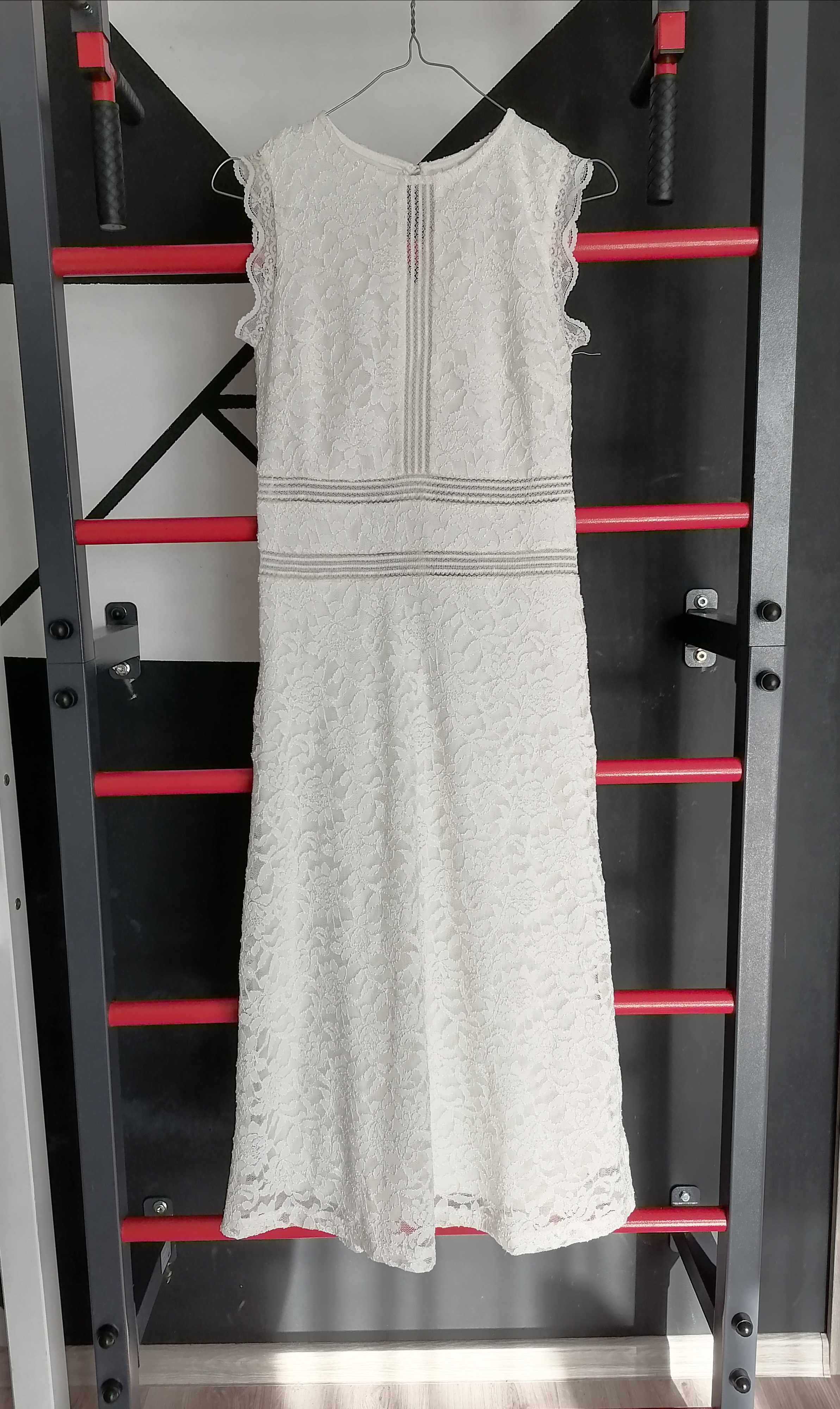 Nowa prosta elegancka sukienka koronkowa ecru 34 midi