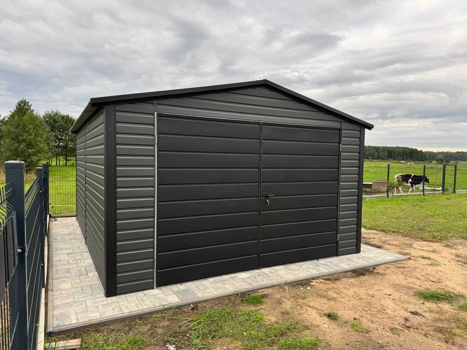 Garaż blaszany 4x6m dwuspadowy, grafit + czarny, profil ocynk