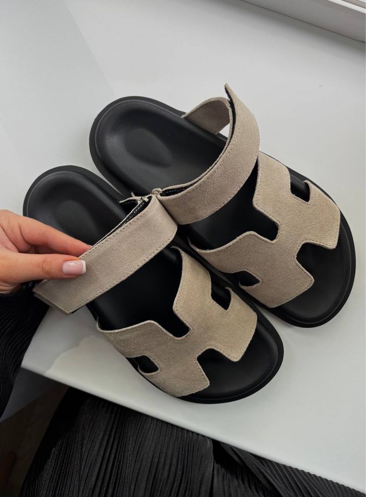 Жіночі шльопанці Hermes Grey 36-41 натуральна замша тапки