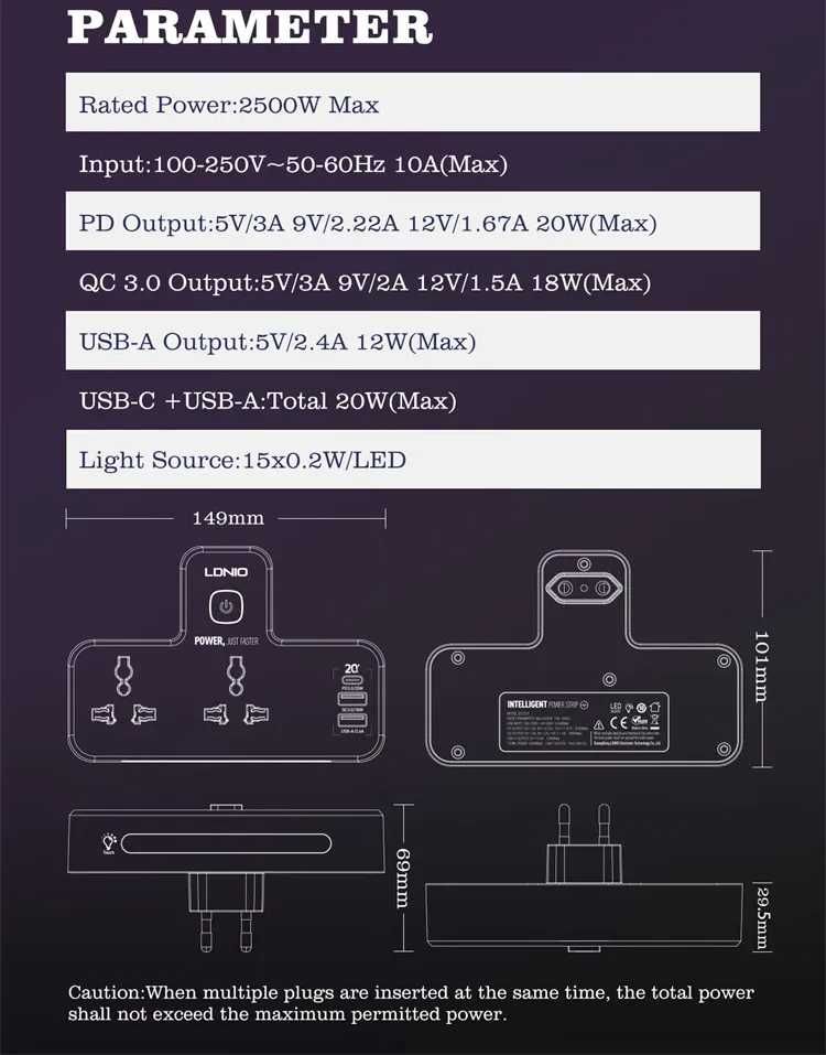 разветвитель LDNIO SC2311 удлинитель сетевой розетки 2 USB 3A+ Type C