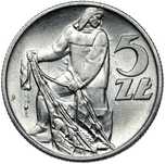 5 zł., złotych Rybak 1959. Podwójne Słoneczko. RRR!