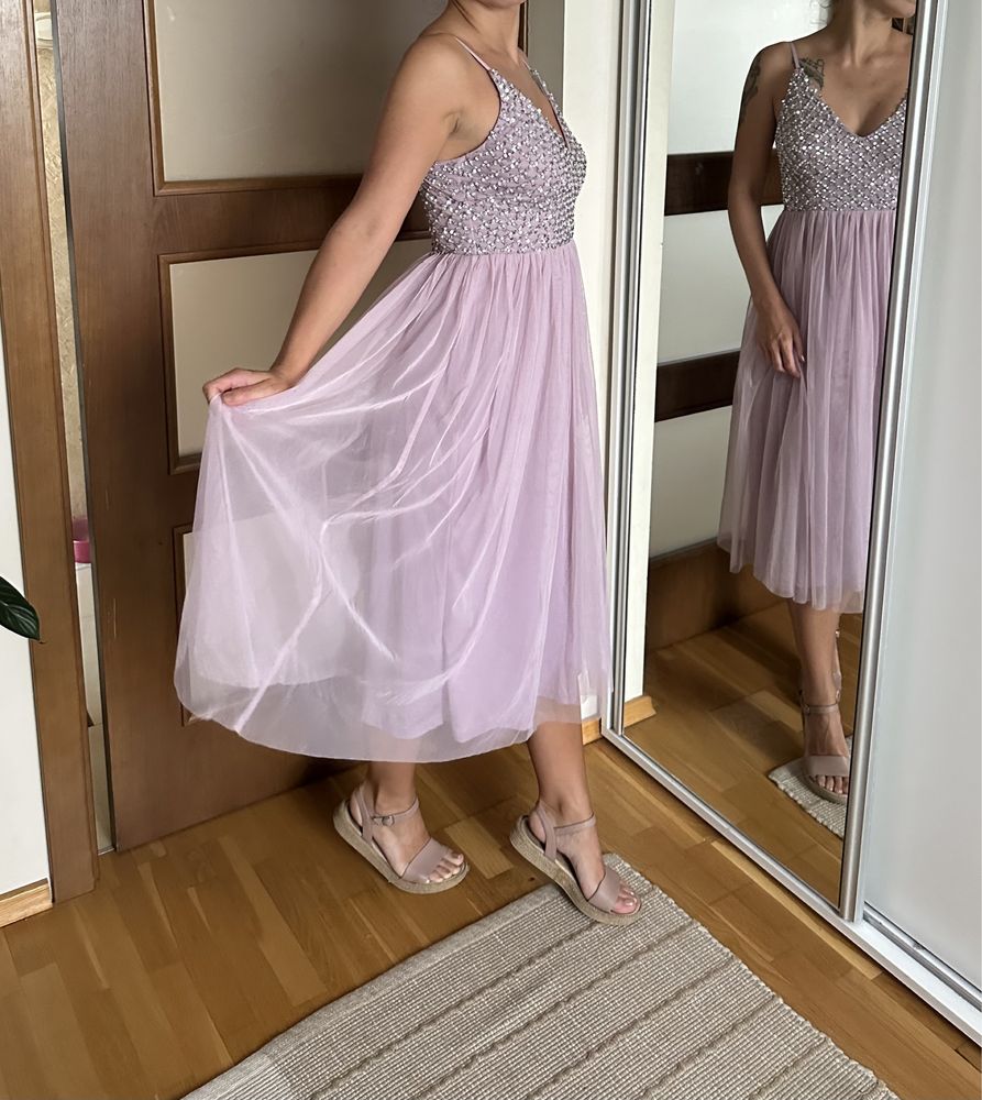 Lace beads midi leonorah sukienka zdobiona tiul wesele XS koraliki