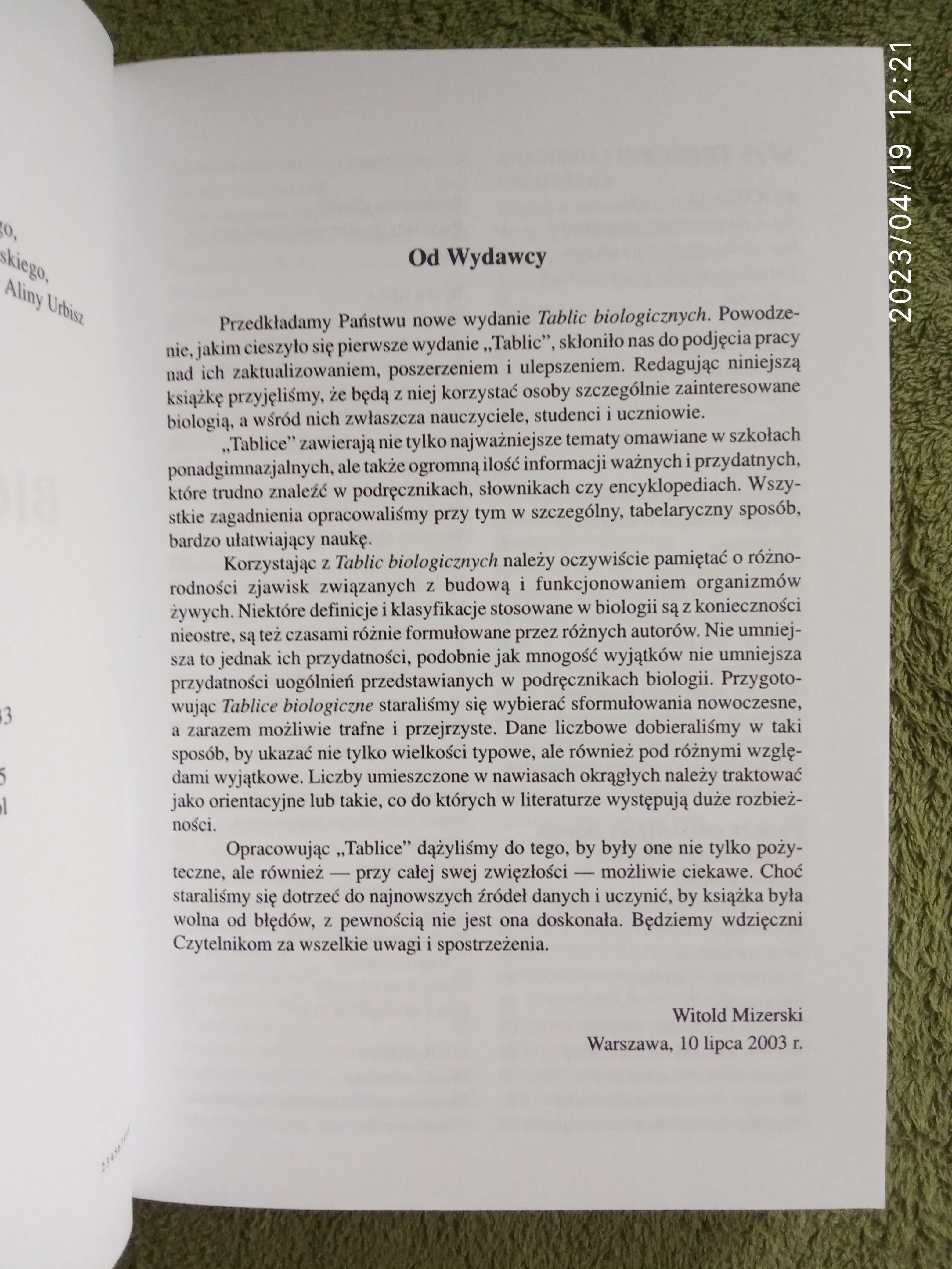 Tablice biologiczne pod red Mizerski Witold , obszerna pełna wersja