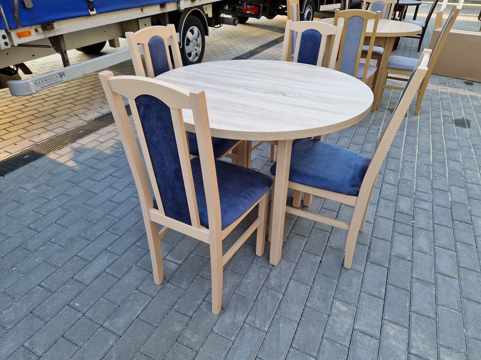 Nowe: Stół okrągły + 4 krzesła, sonoma + metaliczny granat, trans PL