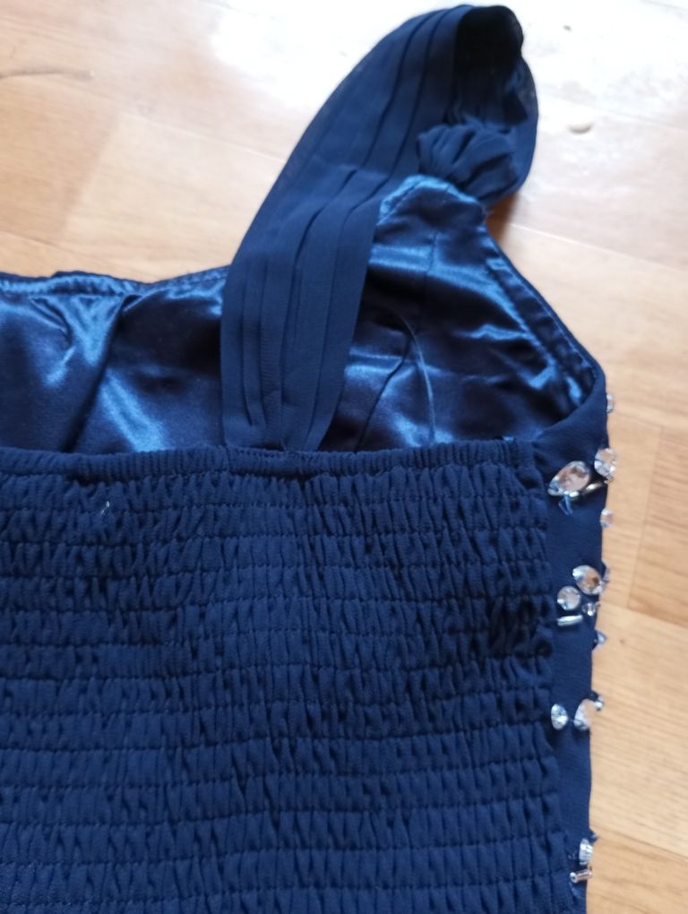 Elegancka długa suknia wieczorowa 36 S cyrkonie,wesele,impreza granat