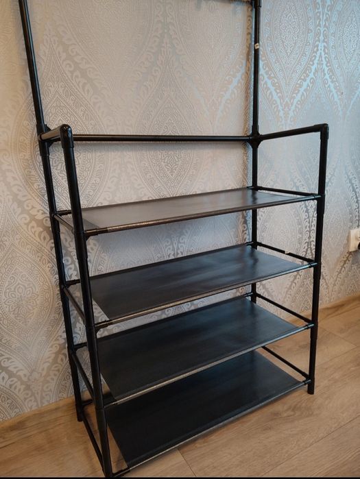 Nowy czarny wieszak na ubrania z regałem na buty 4 poziomy