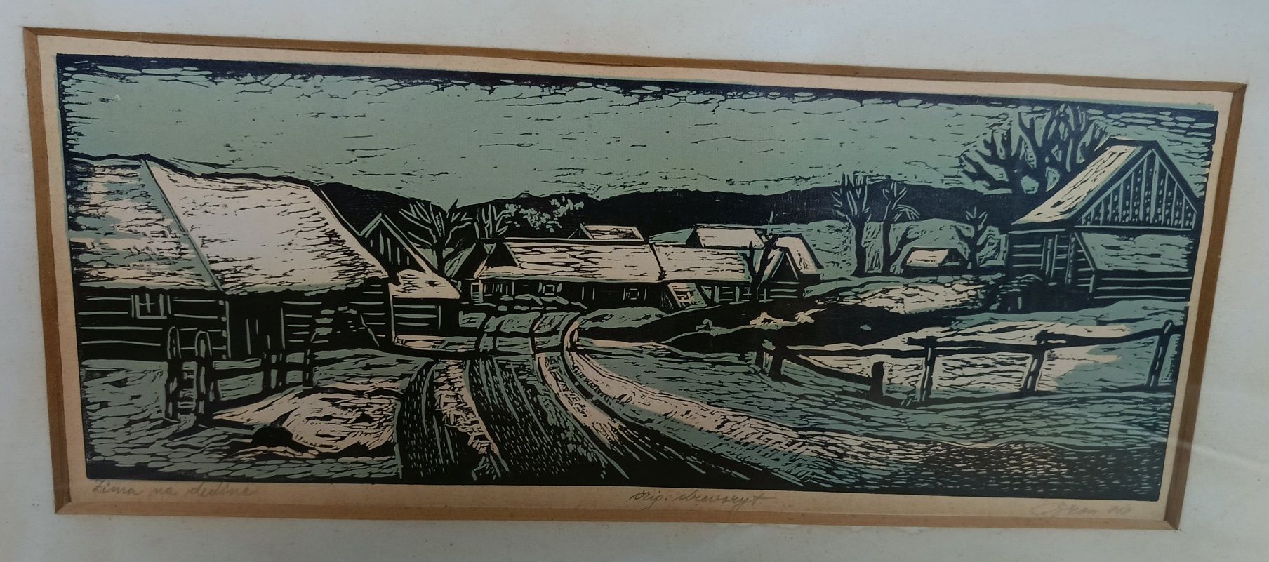 Linoryt unikat sygnowany "Zima w Dolinie" 60cm x 36cm