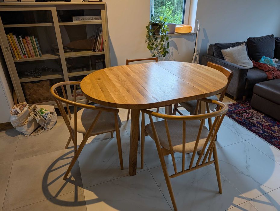 Okrągły stół dębowy rozkładany, średnica 100 cm + 40 cm