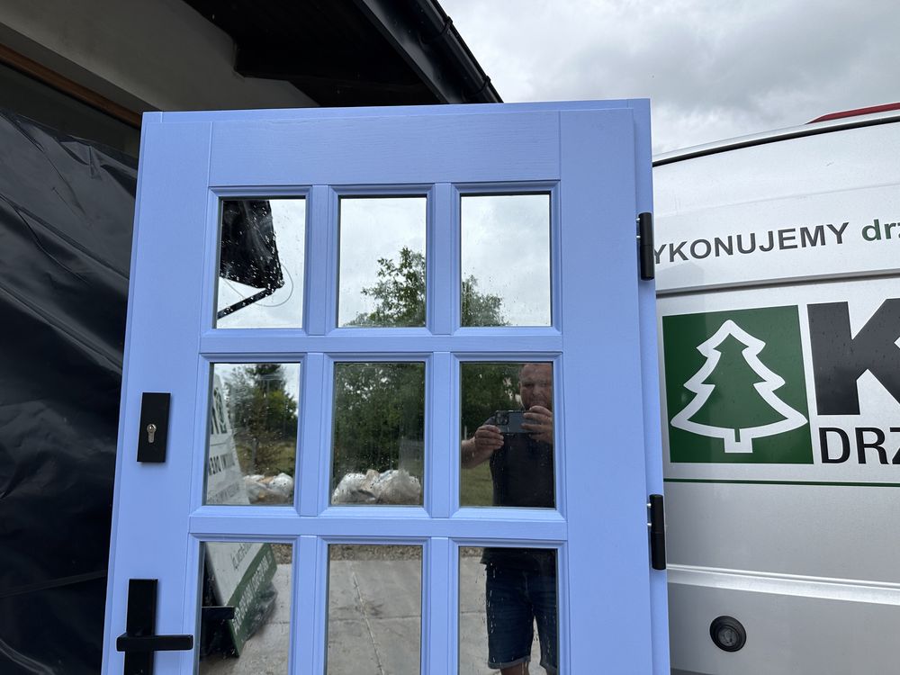 Drzwi zewnętrzne drewniane Amerykańskie  Niebieskie MONTAŻ CAŁA POLSKA