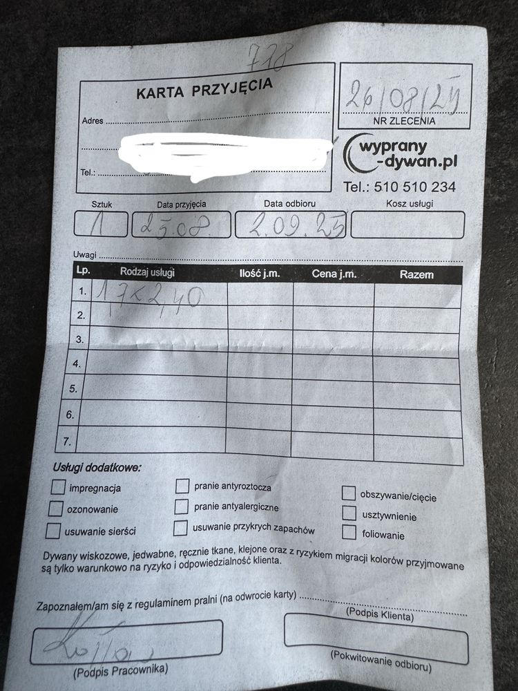 Dywan czarny 170 na 240, potwierdzenie odbioru z pralni