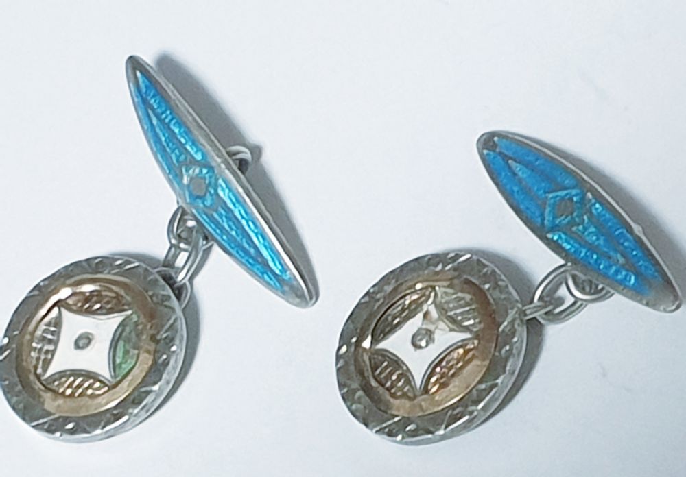 Raros antigos botões de punho em prata ouro e esmalte - contrastados