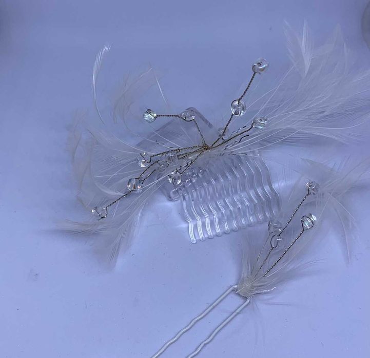 ręcznie robiony zestaw ślubny grzebyk wsuwka piórka kryształki delikat