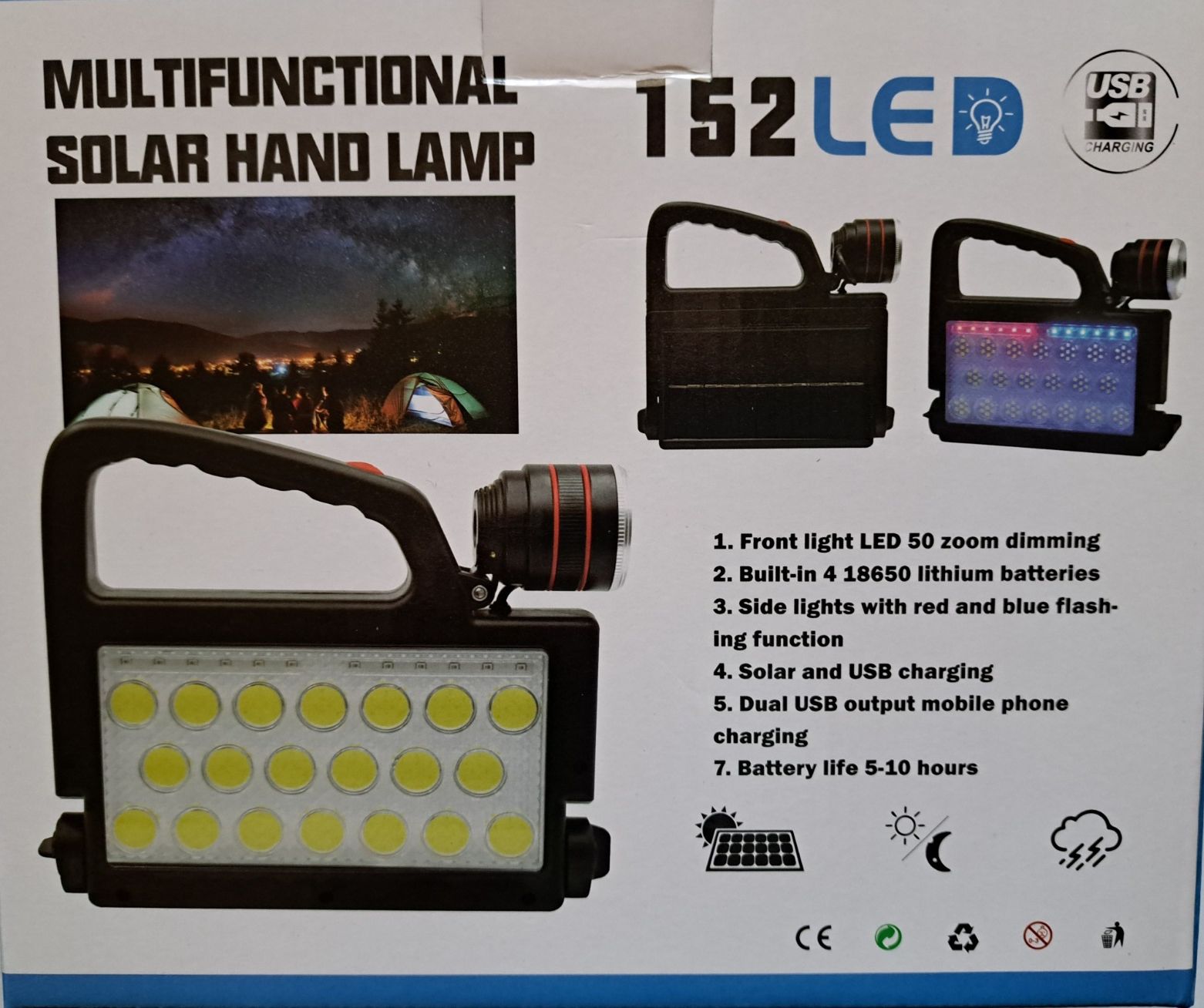 Ручний ліхтар LED XG-152COB (сонячна панель, USB-зарядка)