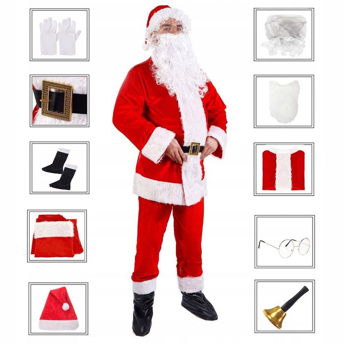 Strój Przebranie Świętego Mikołaja Welurowy Premium 13el PEŁNY ZESTAW