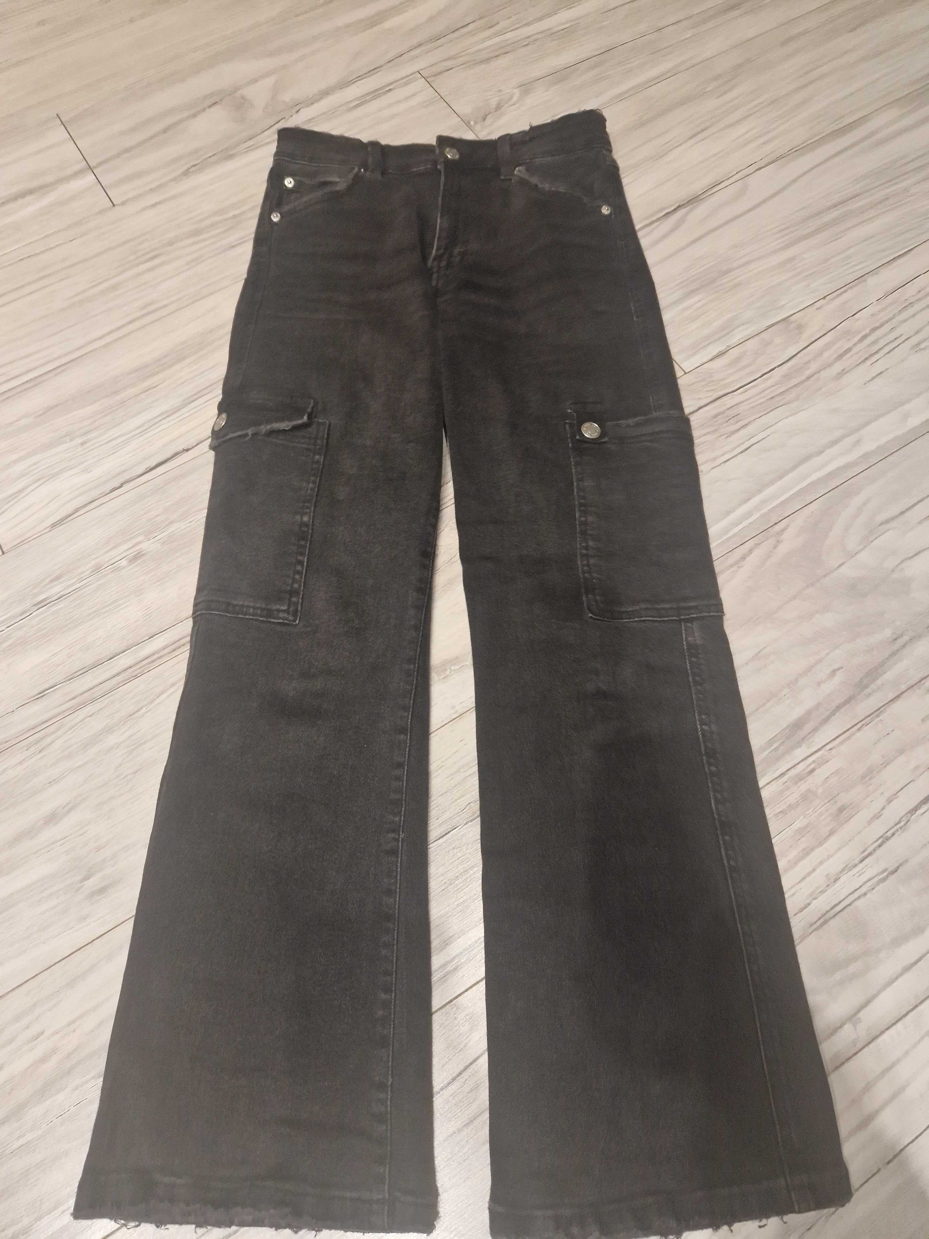 ZARA dziewczęce spodnie dżinsowe Flare Cargo r.164cm ciemnoszare